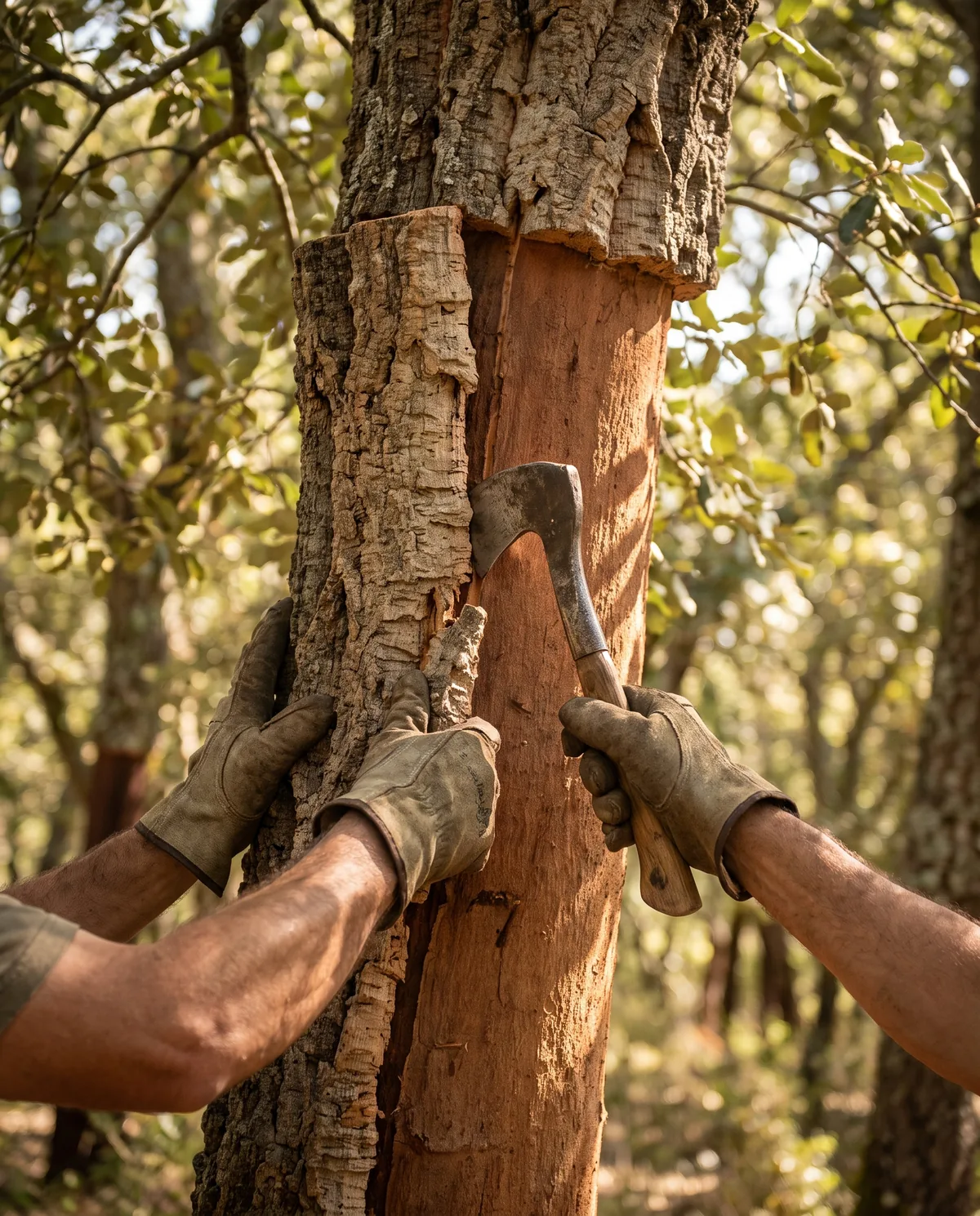 Harvesting cork bark by hand from the cork oak